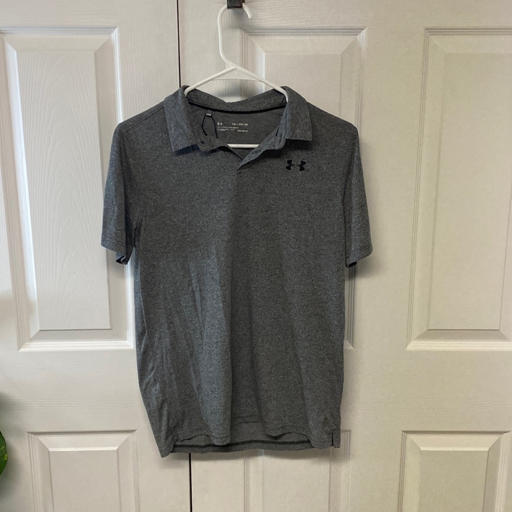 grey under armor golf or dress boys shirt